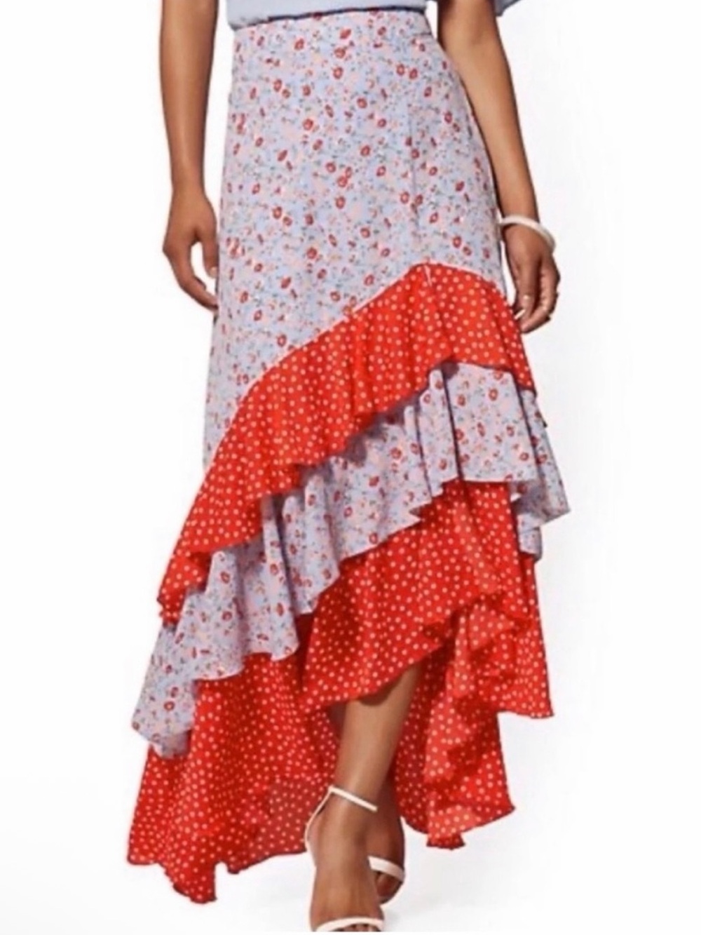 New York & Company Women's Hi-low Layered Asymmetrical Floral Polka Dot Skirt S
